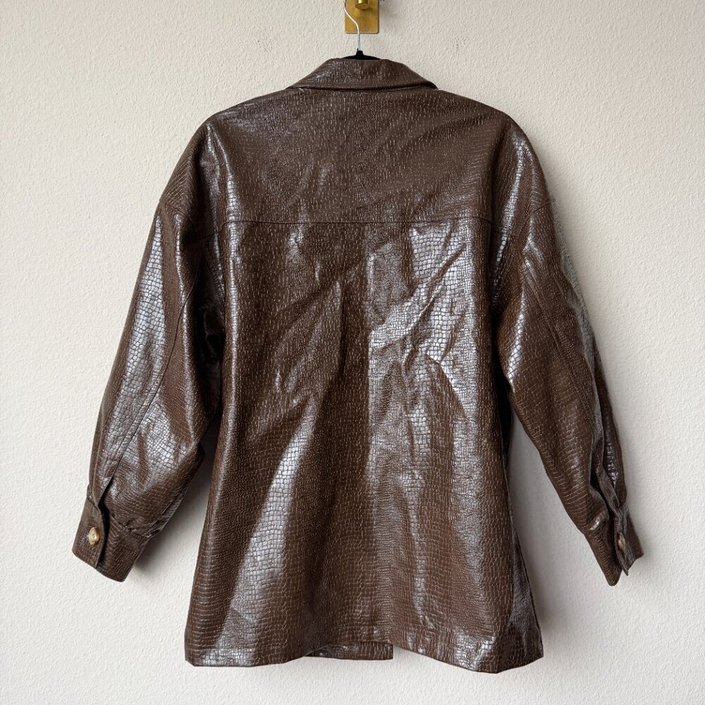 Open Edit Brown Croc Embossed Faux Leather Shirt Size XS - Picture 3 of 6